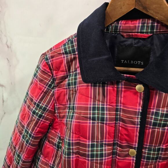 Talbots Jacket Womens Large Red Navy Plaid Corduroy Puffer Shacket Button Snap - Picture 2 of 12